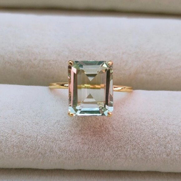 Emerald Cut Natural Green Amethyst Ring - Picture 1 of 4